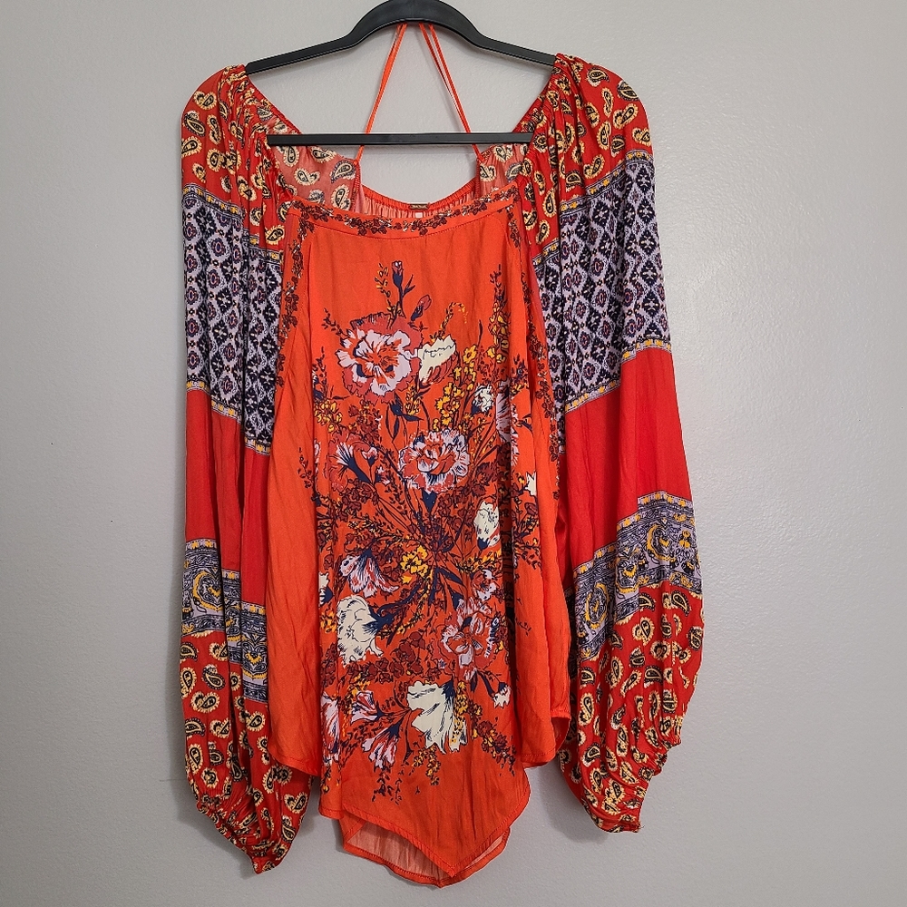 Free People Red Floral & Paisley Print Off the Shoulder Flowy Oversized Top sz L
